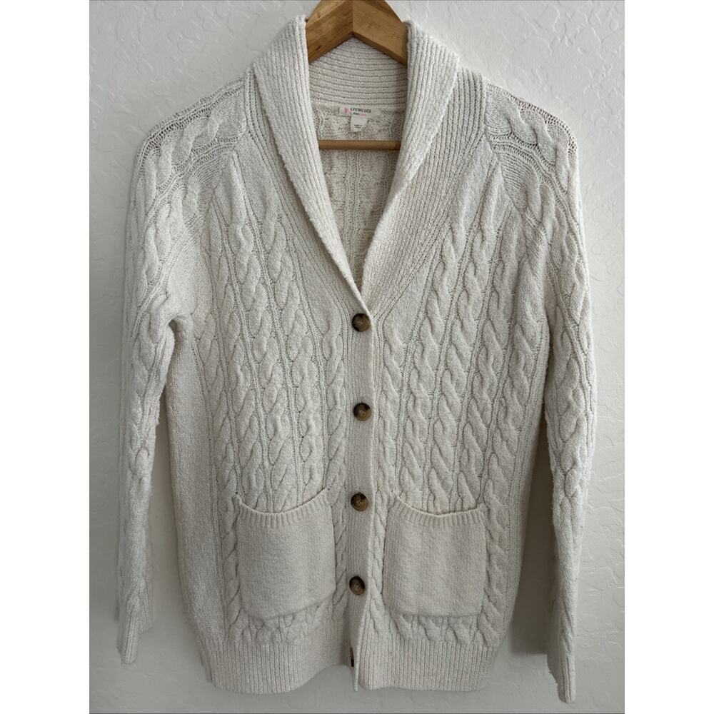 J CREW Crewcuts Cardigan Girls L 10-11 Ivory Shawl Collar Cableknit Sweater Prep